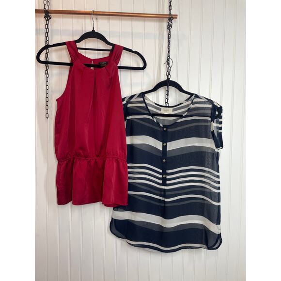 Ann Taylor Red Pleated Peplum Tank - LOFT Stripe Popover Blouse Bundle Size XS - Picture 1 of 9